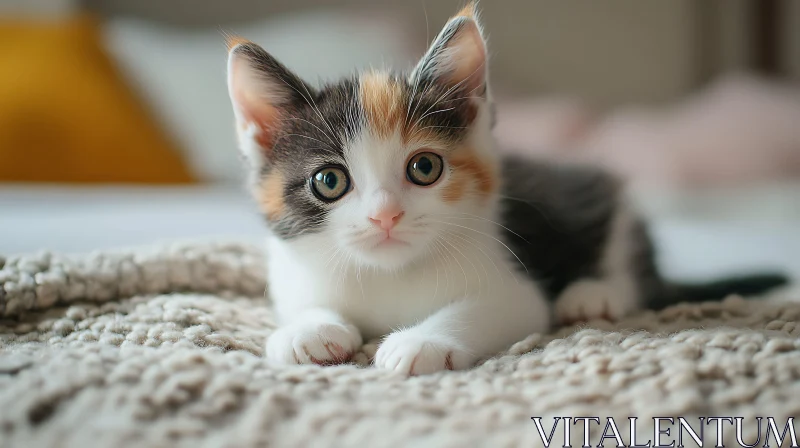 Cute Calico Kitten Lying on Blanket AI Image