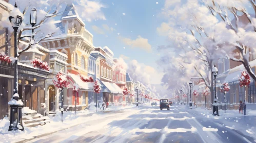 Snow-Covered Town Street with Holiday Cheer