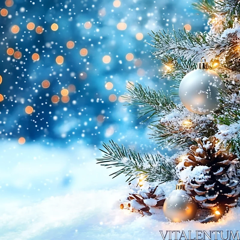 Snow-Covered Christmas Tree Branch with Festive Ornaments AI Image