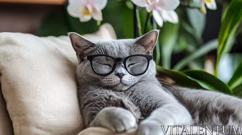 Glasses-Wearing Gray Cat Lounging AI Image