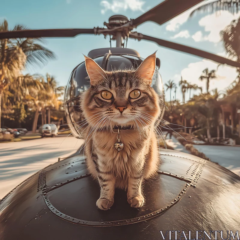 Cat Sitting on Helicopter Nose in Palm Tree Background AI Image