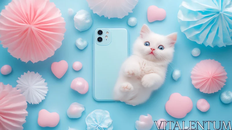 AI ART Cute White Kitten Lying Next to Smartphone