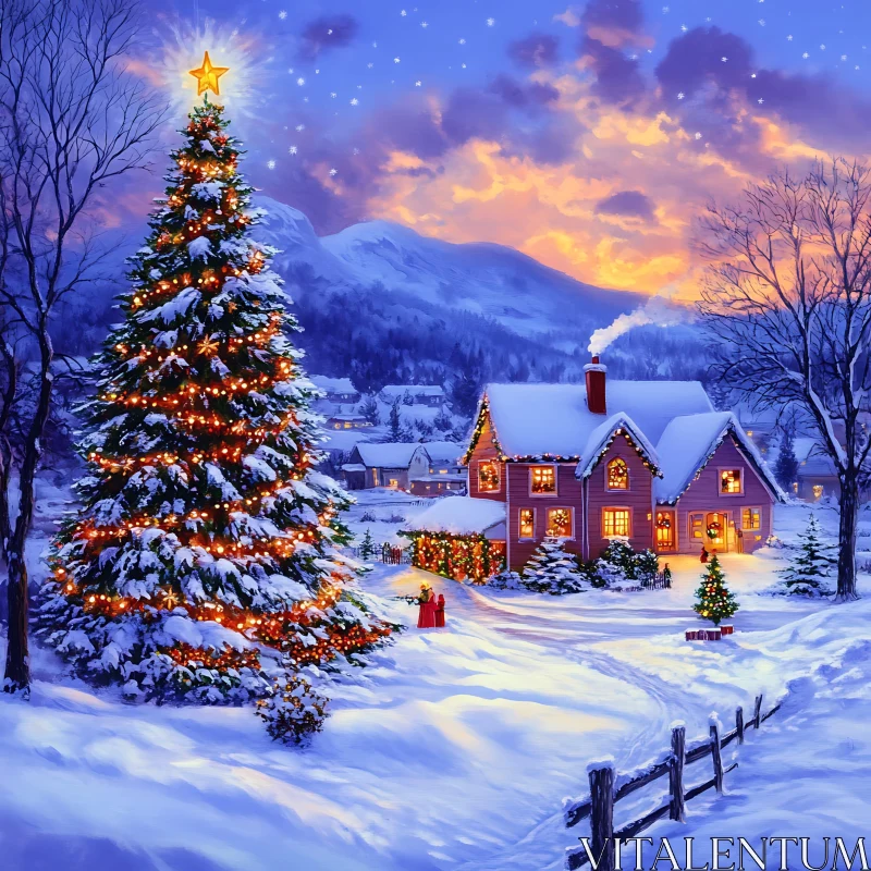 Christmas Tree in Snowy Winter Landscape AI Image