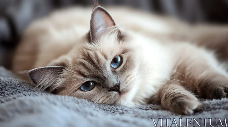 Serene Fluffy Cat Resting on Grey Blanket AI Image