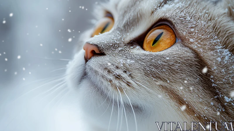 Cat with Amber Eyes in Winter Snow AI Image