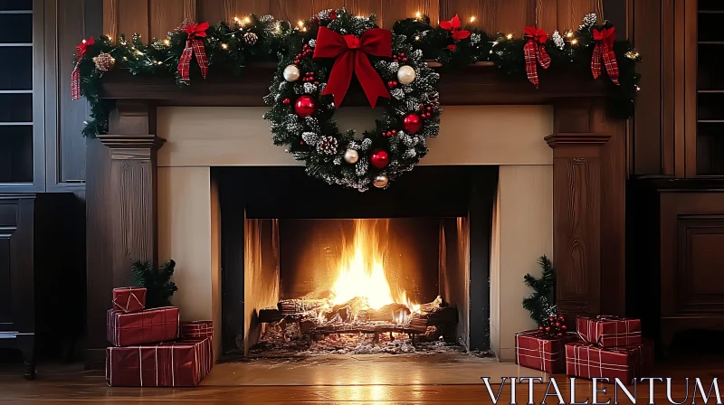 Festive Fireplace with Christmas Decorations AI Image