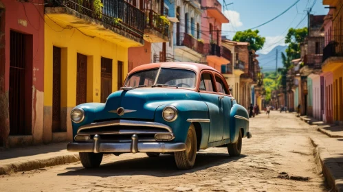 Ancient Blue Vintage Car Driving Down Colorful Streets