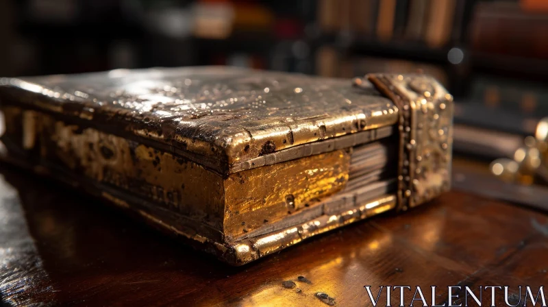 Antique Book with Gold Cover on Wooden Table AI Image