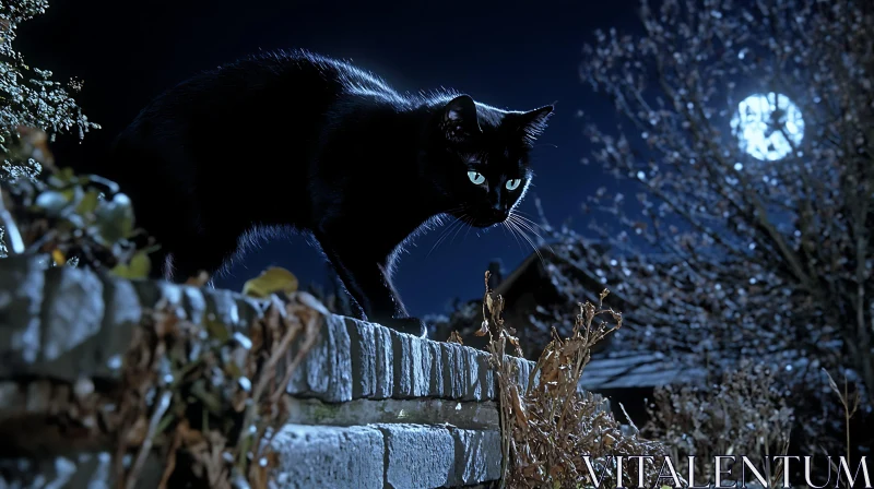 Mystery of the Black Cat in Moonlit Night AI Image