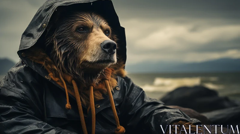 Bear in Raincoat by Ocean - Cinematic Animal Portraiture AI Image