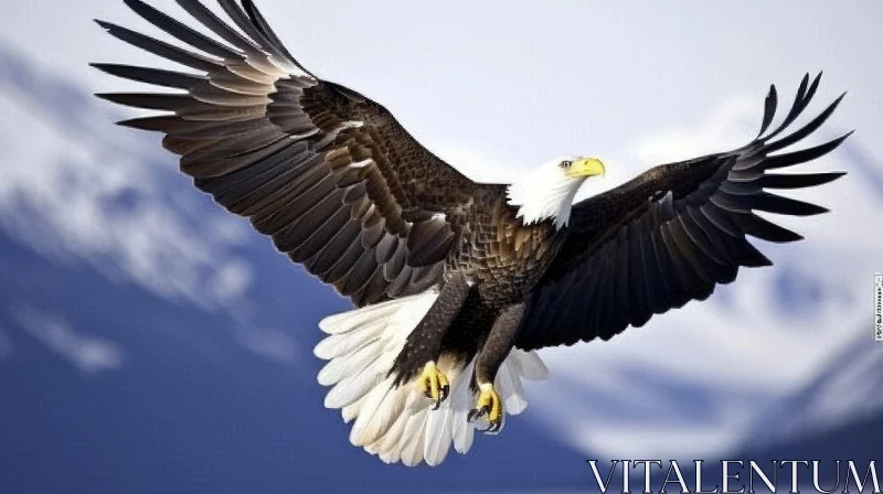 Breathtaking Flight of a Bald Eagle Against Snow-Capped Mountains AI Image
