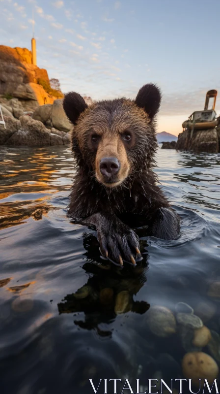 Brown Bear in Tranquil Waters - Nature Documentary Photo AI Image