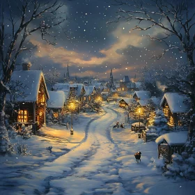 Cozy Snowy Village Scene at Dusk