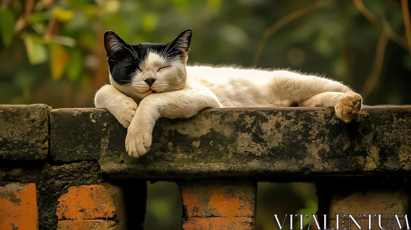 Peaceful Cat Lounging on a Brick Wall AI Image