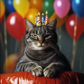 Cat with Birthday Hat and Balloons