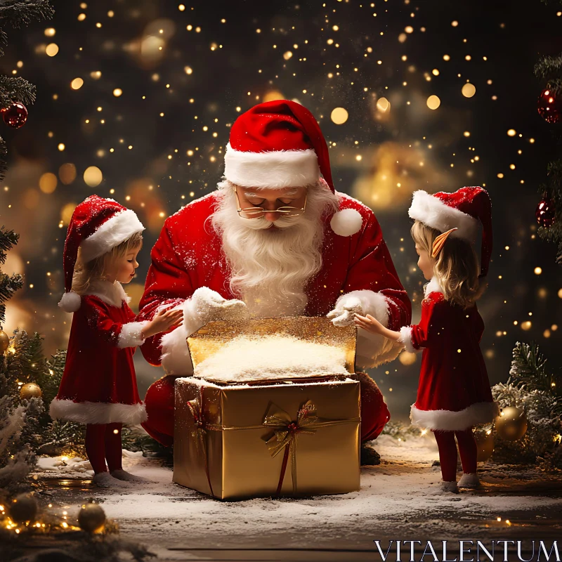 Magical Holiday Moment: Santa and Kids with Golden Gift AI Image