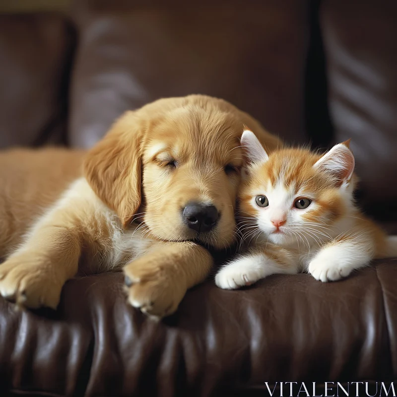 Golden Retriever Puppy and Kitten Resting AI Image