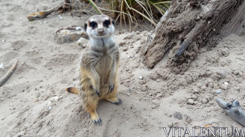 Captivating Meerkat Stands on Sandy Ground | Brown and Tan Fur AI Image