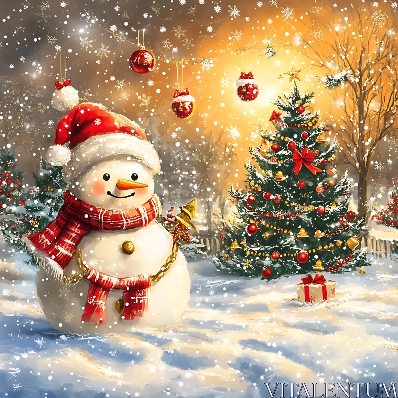 Festive Snowman with Christmas Tree and Ornaments AI Image