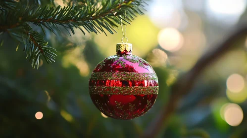 Festive Red Bauble on Pine Tree