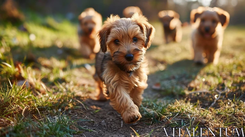 Enchanting Yorkshire Terrier Puppies Running in a Grassy Field AI Image