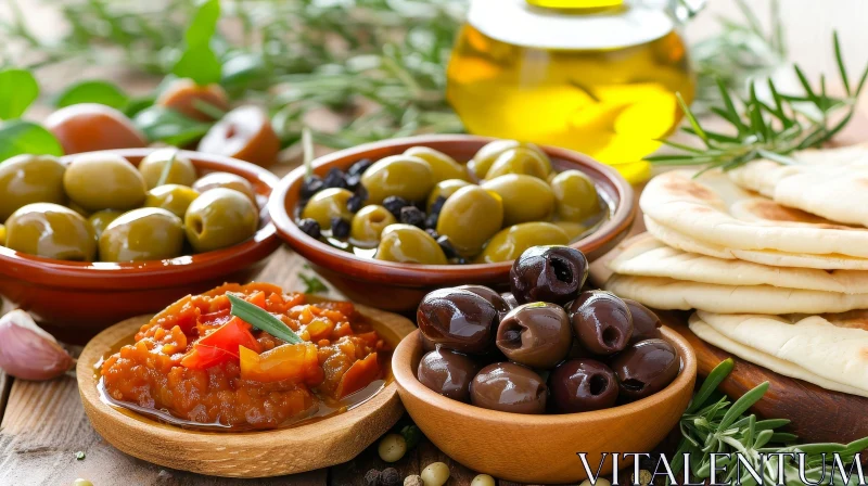Exquisite Olives and Olive Oil on a Wooden Table AI Image
