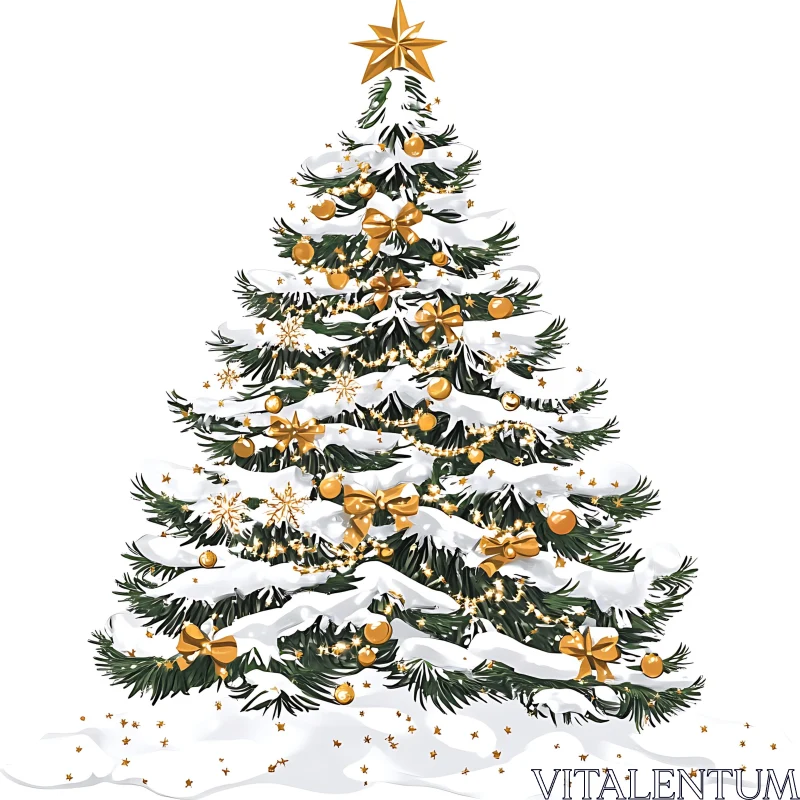 Festive Christmas Tree with Snow and Gold Decorations AI Image