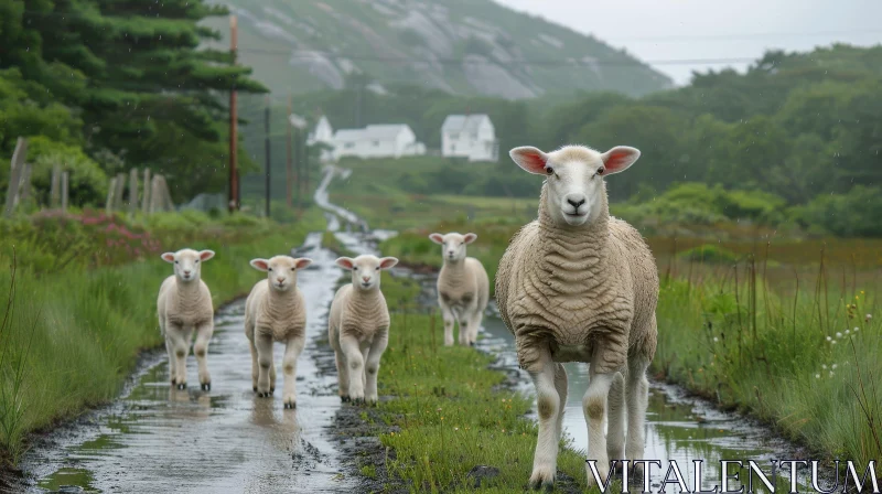AI ART Five Sheep Walking on Rural Road