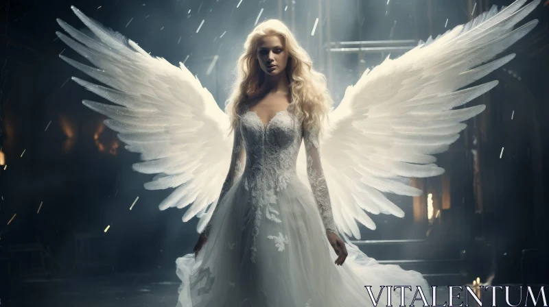 Serene Angel Woman in White Gown with Wings AI Image