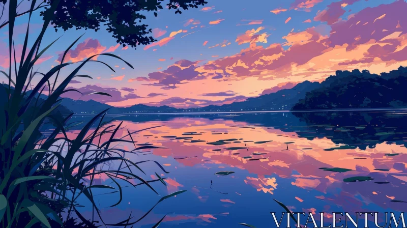 Serene Sunset Landscape: Stunning Lake Reflections AI Image