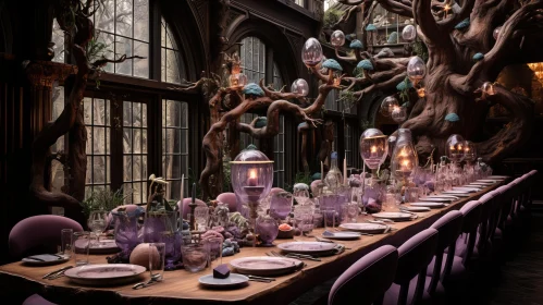 Surreal Dinner Setting with Purple Florals and Nature-Inspired Installations