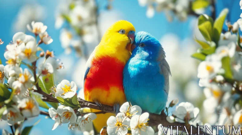 Vibrant Parrots on a Blossoming Tree Branch AI Image