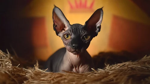 Sphynx Cat with Yellow Eyes Posing on Hay