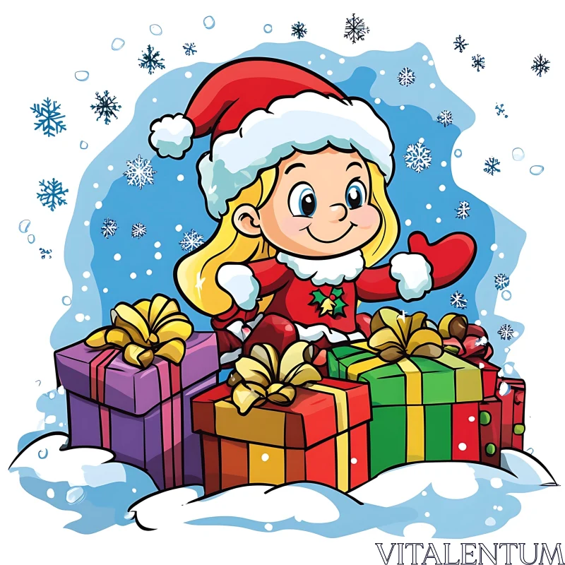 Festive Cartoon Girl with Presents AI Image