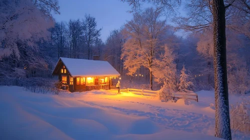 Warm Cabin in Snow-Covered Forest