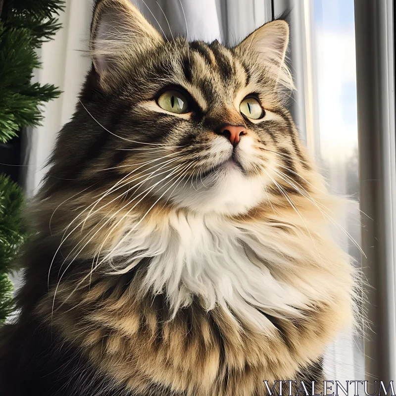 Majestic Fluffy Cat with Sunlit Green Eyes AI Image