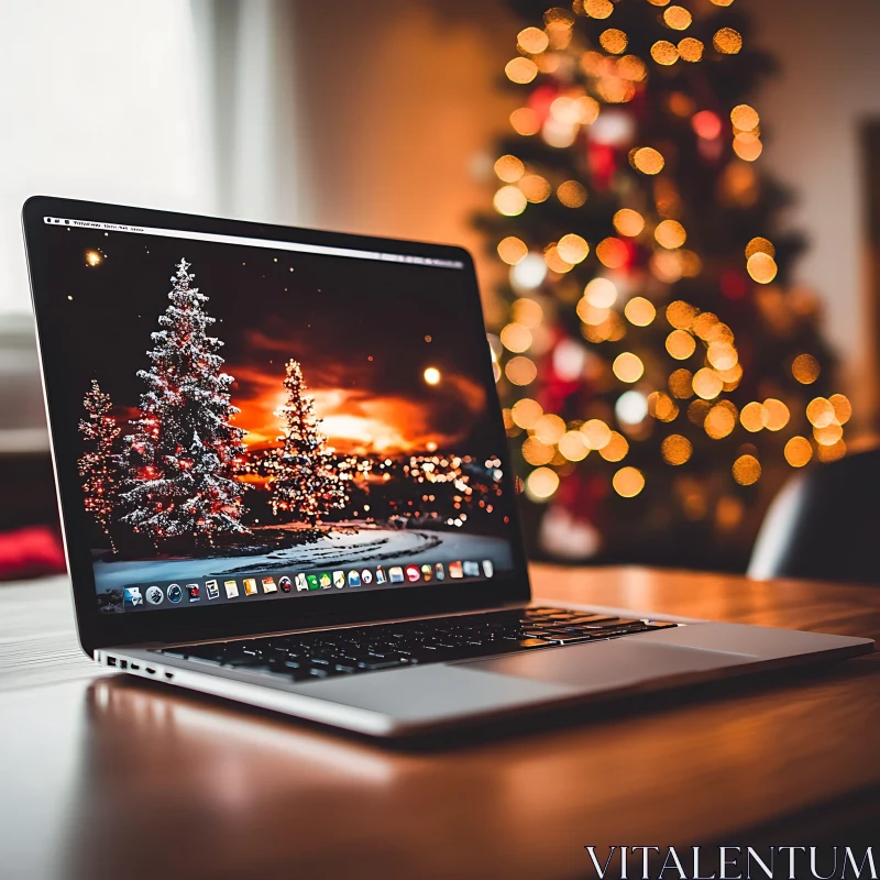 Holiday-Themed Laptop with Christmas Decorations AI Image