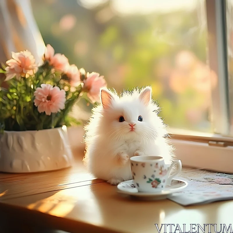 Cute White Bunny with Flowers and Teacup AI Image