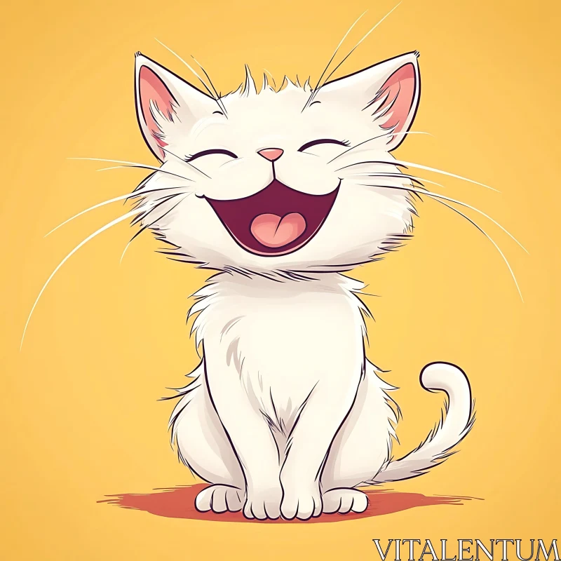 Happy White Cat Illustration in Cartoon Style AI Image