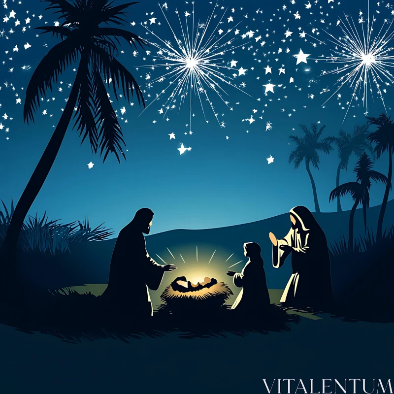 Night Nativity Scene with Holy Family AI Image