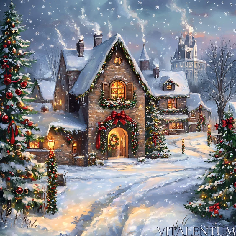 Charming Wintery Christmas Scene with Decorated Homes AI Image