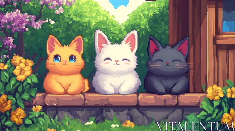 Charming Cats in a Garden Pixel Art AI Image