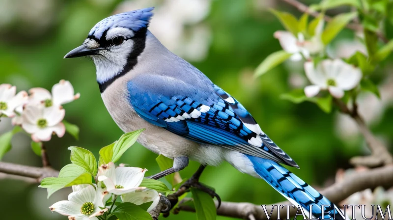 Blue Jay Perched on Branch with White Flowers AI Image