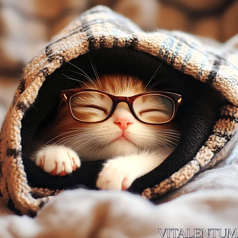 Cute Cat Wearing Glasses Snuggled in Blanket AI Image