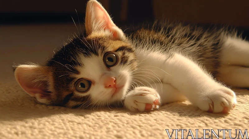 Cute Kitten Sunbathing on Carpet AI Image