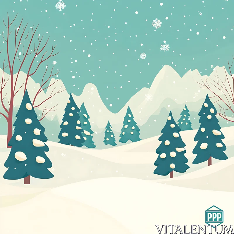 Tranquil Snowy Forest Scene with Mountains AI Image