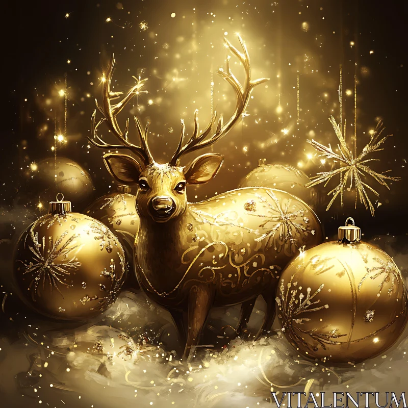 Festive Golden Reindeer with Christmas Decorations AI Image