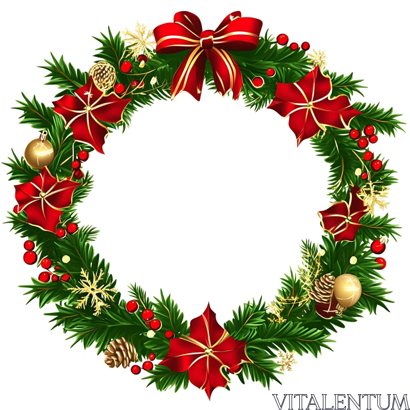 Festive Holiday Wreath with Red Flowers and Golden Decorations AI Image