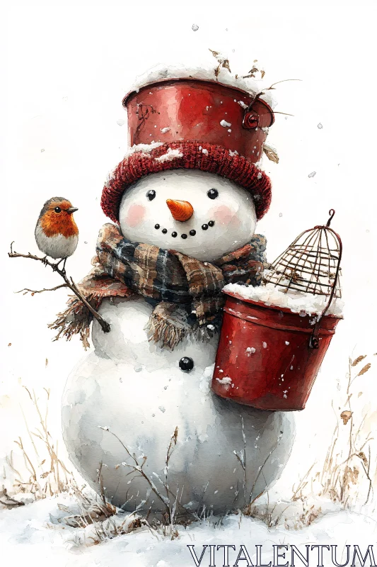 Snowman and Robin in a Snowy Scene AI Image