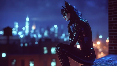 Catwoman on a Rooftop Observing the City at Night